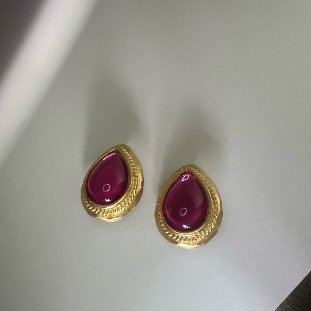 Rare Vintage Gem-Craft Statement Pink Crystal & Gold Signed Clip On Earrings - Picture 9 of 11